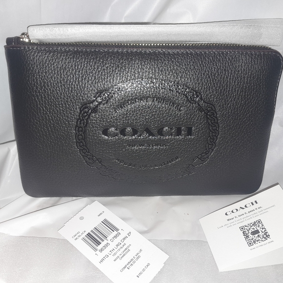 New COACH Large 7" Black Leather Heritage Wristlet (Holds Most Phones) NWT - Picture 2 of 8